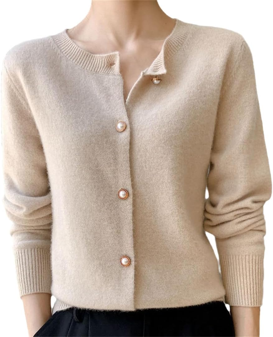 Pearl Button Cardigan Women's Round Neck All-Match Knitted